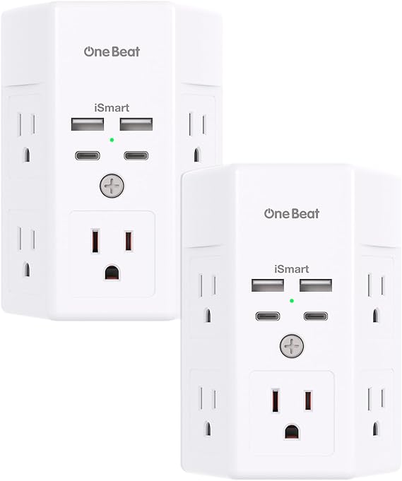 2 Pack Multi Plug Outlet, Surge Protector, 5 Outlet Extender with 4 USB Charging Ports (2 USB C), USB Wall Charger, 3-Sided 1800J Power Strip Outlets Splitter Wall Plug Adapter Spaced for Home Office