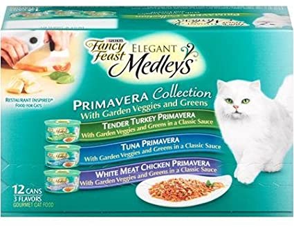 Fancy Feast Elegant Medleys Primavera Collection Cat Food Variety Pack 12-3 oz. Cans [Contains: 4 Each: Tender Turkey Primavera, Tuna Primavera, and White Meat Chicken Primavera]