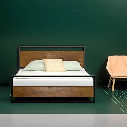 Zinus Ironline Metal and Wood Platform Bed with Headboard and Footboard / Box Spring Optional / Wood Slat Support, Twin