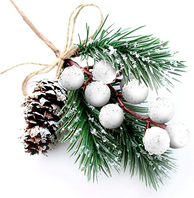 White Christmas Berries/Berry Stems Pine Branches & Artificial Pine Cones/White Holly Spray/Wreath Picks for Winter Décor, Holiday Crafts, Xmas Decorations/Decorative Pick