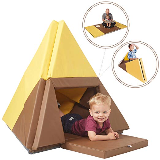 ECR4Kids Tent Canoe and Tumbler Too Folding Play Mat - Unique Transforming Activity Mat for Toddlers and Kids, Chocolate/Yellow