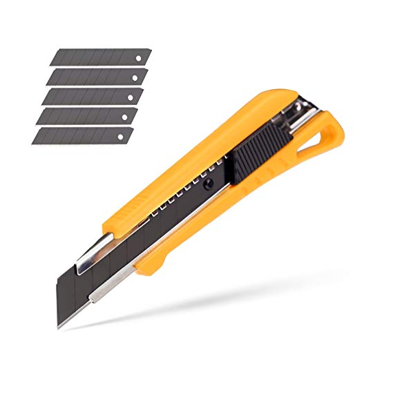 HEIKIO Utility Knife Retractable with Extra 5 Snap-Off Blades - 18mm Box Cutter- Ultra Sharp Black Blades, Steady Auto Lock Slider and Extra Blade Storage Design for Office and Home Cutting Events