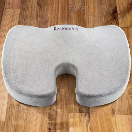 Restoration Coccyx Seat Cushion with Orthopedic Comfort Foam Non-Slip Grip Removable and Machine Washable Velboa Fabric Cover - Perfect for Lower Back Pain Relief and Comfort