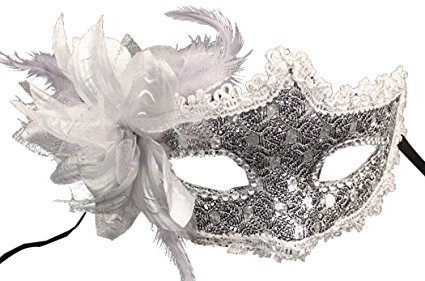 Coxeer Masquerade Mask for Women Mardi Gras Mask with Flower (Silver)