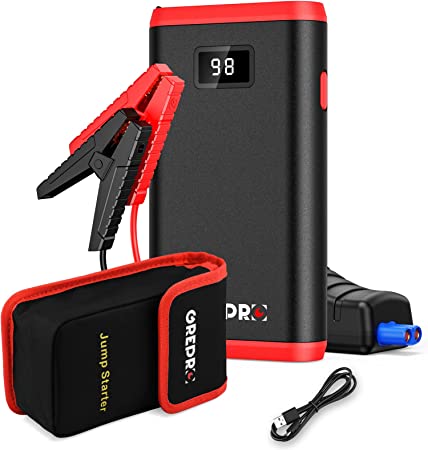 GREPRO Jump Starter Power Pack,(Up to 4.5L Gas,2.5L Diesel) Car Battery Booster jump starter and 10000mAh Power Bank for 12V Vehicles , motorcycle, jump starter with LCD Screen and LED Flashlight Red