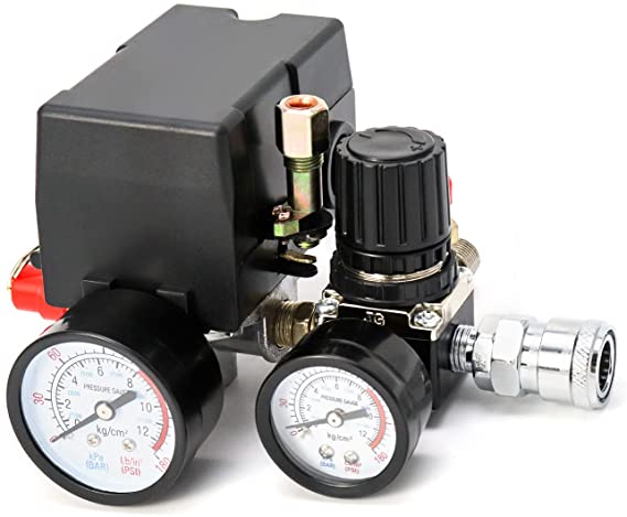 QWORK Air Compressor Pressure Switch Control Valve, 90-120PSI Pressure Regulator with Pressure Gauges Fittings Set