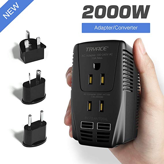 TryAce 2000W Voltage Converter with 2 USB Ports,Set Down 220V to 110V Power Converter for Hair Dryer/Straightener /Curling Iron, Travel Transformer for UK/AU/US/EU Plug Adapter (2000W-Upgraded)