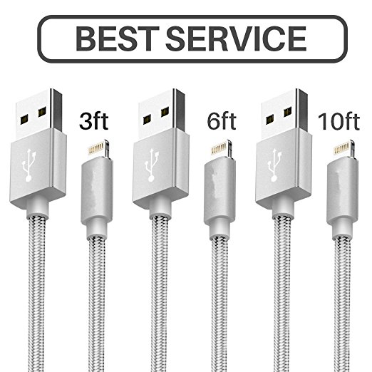 iPhone Cable,Lansen Lightning Cable 3Pack 3FT 6FT 10FT Nylon Braided Cord to USB Charging iPhone Charger for iPhone X/ 8 / 7 /7 Plus/6/6 Plus/6S/6S Plus /iPad Air/ Mini-Gray