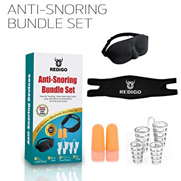 Redigo Anti-Snoring Devices Contoured Sleep Mask, Noise Cancelling Ear Plugs, Anti Snoring Chin Strap, Nose Vents & Travel Pouch – Relaxing Solution for Better Sleep - Traveling Kit