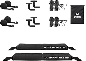 OutdoorMaster Skiboard-Dachträger, universeller weicher Auto-Dachträger für Snowboard, Surfbrett, Kanu mit 4 robusten Spanngurten, 4 Spannseilen, 4 Schnellschlaufengurten und Aufbewahrungstasche