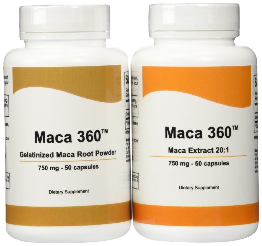 Maca 360 - 750mg 50 capsules Peruvian Maca Root Extract 201 and 750mg 50 capsules Gelatinized Maca Root Powder