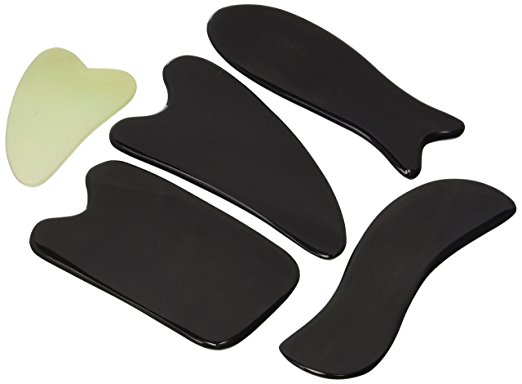 Gua Sha Massage Tools (5 Pack) for Legs - Buffalo Horn & Jade Guasha Board - Orthopedic Scraping Stone for Muscle Release Therapy