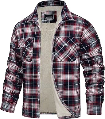 TACVASEN Men's Fleece Flannel Plaid Shirt Jacket Soft Sherpa Lined Cotton Casual Thickened Button Down Coat With Pockets