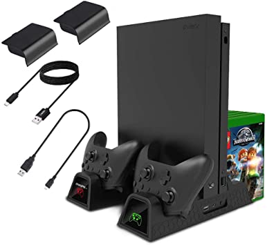 Lictin Xbox One Cooling Vertical Stand - Dual Controller Charging Docking Station for Xbox One/ Xbox One S /Xbox One X Console with 2 Pack 600mAh Batteries and 2pcs Charging Cables