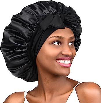YANIBEST Satin Bonnet Silk Bonnet for Sleeping Hair Bonnet with Tie Band Head Wrap Bonnets for Black Women Curly Natural Hair Black