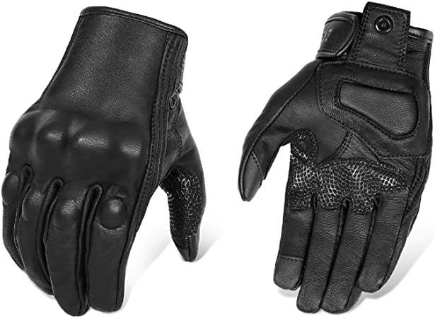 Updated Full Finger Leather Motorcycle Gloves Phone Touch Goat Skin Black Motorbike Riding Gloves (Updated,Non-Perforated, L)