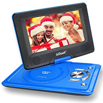 [Improved Battery] ieGeek 12.5" Portable DVD Player with 360° Swivel Screen, 5 Hour Rechargeable Battery, Supports SD Card and USB, Direct Play in Formats MP4/AVI/RMVB/MP3/JPEG, Blue
