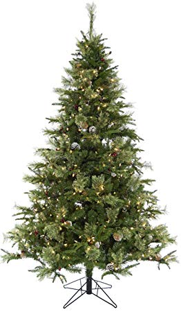 Christmas Time Green 6.5-Ft Berkshire Pine Prelit Christmas Tree with Pinecones, EZ Connect Warm White LED Lights and Metal Stand