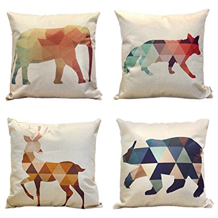 Hippih 4 Packs Square Pillow Cover - 18 X 18 Inch Decorative Throw Pillowcase, Geometric Animals