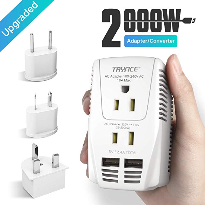 TryAce 2000W Voltage Converter with 2 USB Ports,Set Down 220V to 110V Power Converter for Hair Dryer /Straightener /Curling Iron, Travel Transformer for UK/AU/US/EU Plug Travel Adapter(Exclusive) (White)