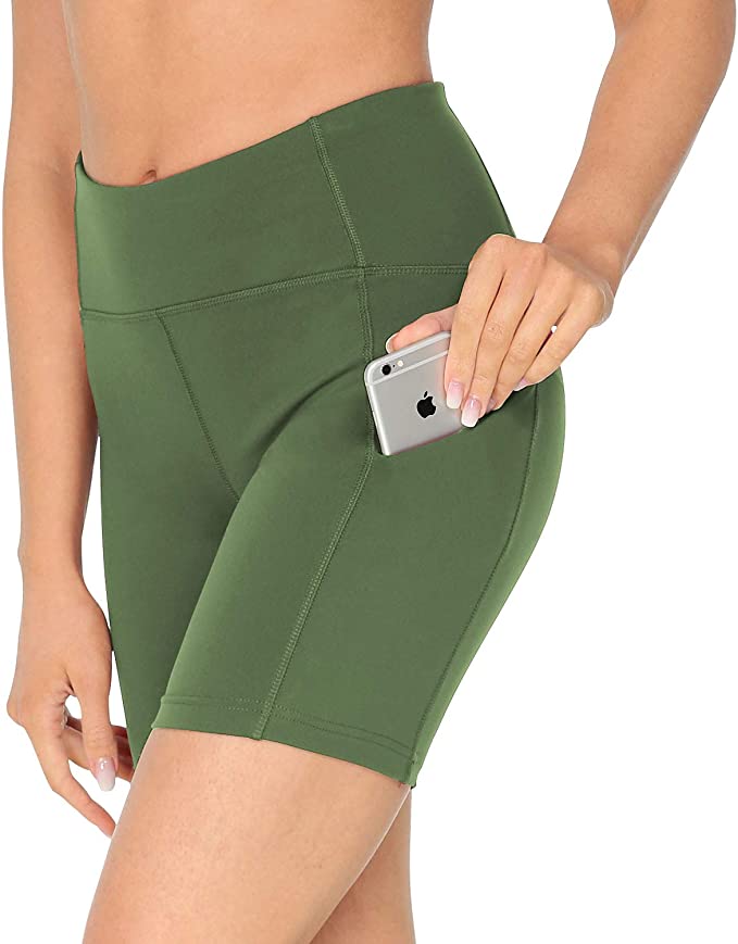 QUEENIEKE Women Sports Shorts 6 inches Inseam Medium Waist 3 Phone Pockets Yoga Running Shorts Tummy Control Workout Leggings