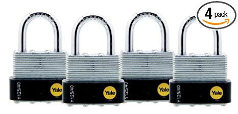 Yale Y125/40/122/4 Laminated Steel Padlock with Brass 5-Pin Key Cylinder, 1-9/16-Inch Wide, 4-Pack (Keyed Alike)