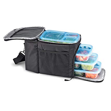 Fit & Fresh 7300FFWB2309 Meal Prep Lunch Bag with Set of 4 Reusable Containers Insulated, Portion Control OS Black