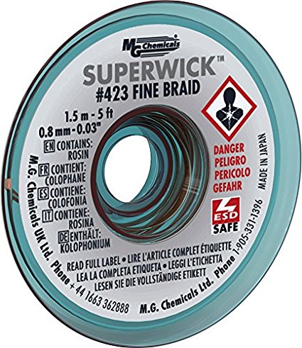 MG Chemicals 400 Series #1 Fine Braid Super Wick with RMA Flux, 5' Length x 0.025" Width , White
