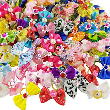 Hixixi 50pcs/Pack Pet Cat Dog Hair Bows Multicolor Rhinestone Beads Flowers Topknot with Rubber Bands Puppy Hair Accessories Mix Color Random