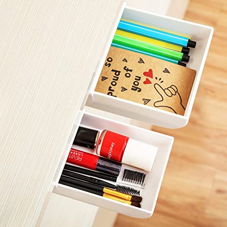 2 Pieces Desk Pencil Drawer Organizer Self-Adhesive Drawer Pencil Tray Pop-Up Hidden Desktop Drawer Tray Expandable Under The Table Drawer Organizer for Office School Home Desk (White, 2 Size)