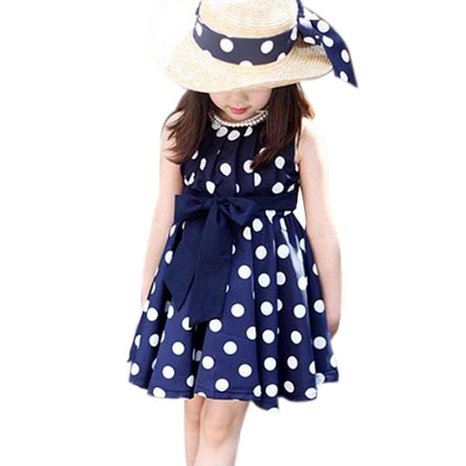 Kids Girls Polka Dot Chiffion Sundress Bowknot Belt Dress Blue S