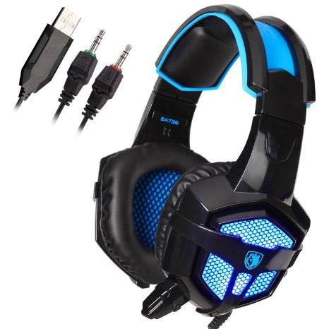 Sades SA-738 3.5mm Wired Stereo Lightweight Over Ear Gaming Headphones Blue Led Lighting Headsets with Microphone PU Ear-pad for Gamers Laptop PC/MAC/Laptop Sades Retail Box(Black Blue)