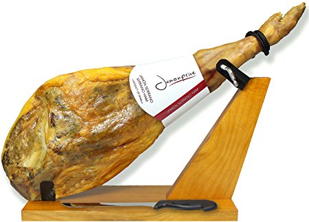 Serrano Ham Bone in from Spain 14.7 - 17 lb   Ham Stand   Knife | Cured Spanish Jamon Made with Mediterranean Sea Salt