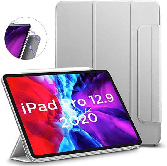 ESR Rebound Magnetic Smart Case for iPad Pro 12.9" 2020 & 2018, Convenient Magnetic Attachment [Supports Apple Pencil Pairing & Charging] Smart Case Cover, Auto Sleep/Wake Trifold Stand Case - Gray