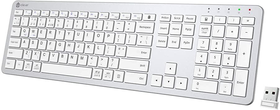 iClever Wireless Keyboard - Rechargeable Wireless Keyboard Ergonomic Full Size Design with Number Pad, 2.4G Stable Connection Slim White Keyboard for Windows, Mac OS Computer