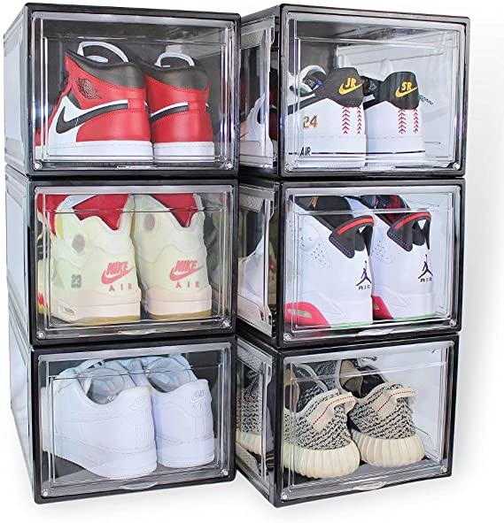 TK - Drop Front Shoe Box - 6PACK - Shoe Boxes Clear Plastic Stackable - Shoe Display - Sneaker Storage - Shoe Box - Shoe Storage - Shoe Organizer (F Style Black 6)