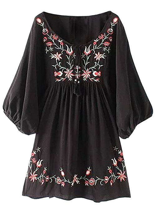 Futurino Women's Bohemian Embroidery Floral Tunic Shift Blouse Flowy Mini Dress