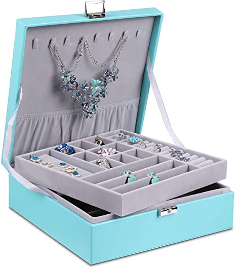 misaya Women Jewelry Box Organizer 2 Layer Large Lockable Display Jewelry Holder for Earring Ring Necklace, Turquoise