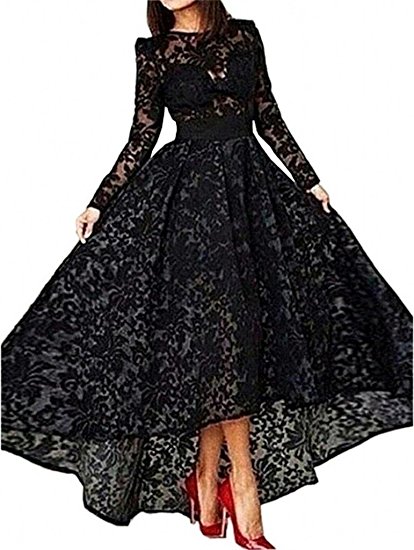 SHARON Women's Black dress Lace prom dress long sleeve evening dresses