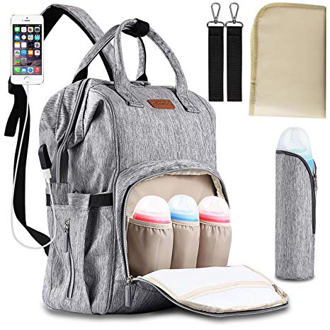 BESTOPE Diaper Bag Multi-Function Travel Backpack with Stroller Straps (2 Pack) and Changing Pad for Baby Care, Large Capacity, Waterproof and Stylish, Gray