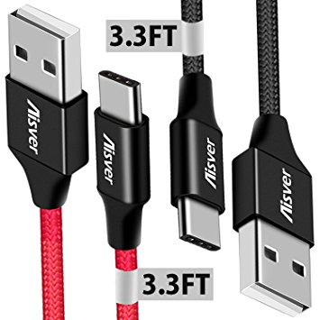 USB Type C Cable, Aisver USB C to USB A Charger Cord (3.3ft, 2 Pack), Nylon Braided Fast Charging Cable for Samsung Galaxy Note 8 S8 S8 , LG G5 G6 V20, Google Pixel 2, ZTE Axon 7 and More (Black/Red)