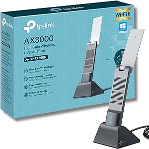 TP-Link AX3000 Wi-Fi 6 High Gain Wireless USB 3.0 Adapter, Dual-Band, Auto Driver, MU-MIMO, Low- Latency, 1.2m Cable, Supports Windows 10/11, Highly Secure WPA3 (Archer TX50UH), Black