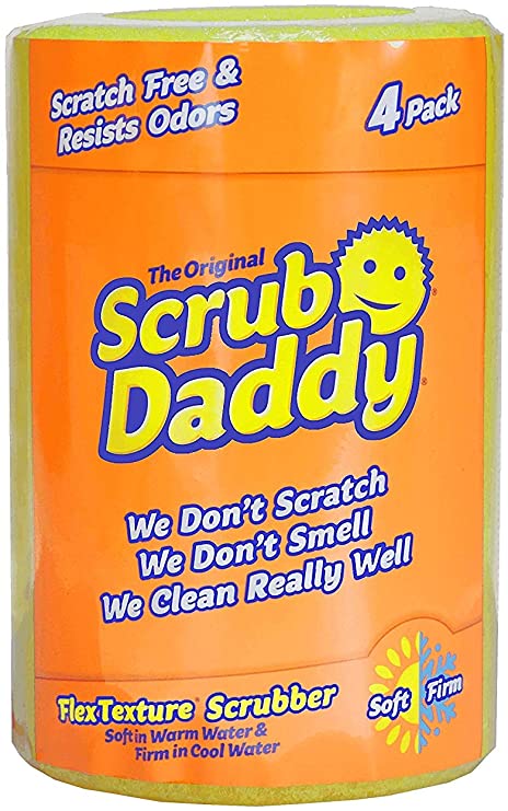 The Original Scrub Daddy - FlexTexture Sponge, Soft in Warm Water, Firm in Cold, Deep Cleaning, Dishwasher Safe, Multi-use, Scratch Free, Odor Resistant, Functional, Ergonomic, 4ct Roll