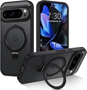 DUEDUE for Google Pixel 9 Case Magnetic, Pixel 9 Pro Case with Ring Stand[Compatible with Magsafe], Translucent Matte Back Protective Cover Kickstand Phone Case for Pixel 9/9 Pro, Black