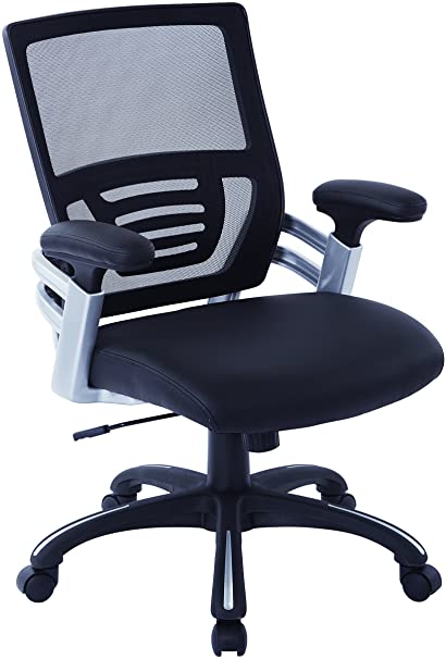 Office Star Breathable Mesh Back and Padded Faux Leather Seat Manager’s Chair with Adjustable Arms and Silver Accents, Black