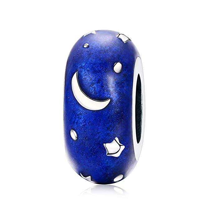 DALARAN Women Sterling Silver 925 Starry Sky Moon and Star Charm Bead for Bracelet and Necklace Blue Enamel