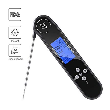 MIUO Food Thermometer Meat Thermometer Instant Reading Waterproof Taste Setting Custom Temperature RGB Display Auto ON/OFF Foldaway Probe Thermometer Holder Built-in Magnetic for BBQ Cooking Baking