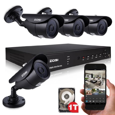 ZOSI 8Channel 960H Video CCTV Security HDMI DVR 4x 960H 1000TVL Color Waterproof Outdoor Camera Surveillance System 1TB HD Hard Drive Support Mobile phone QR Code Scan Quick Access, PC Easy Remote Access,120ft(40m) IR Night Vision