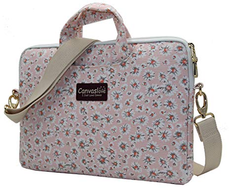 Canvaslove Pink Chrysanthemum Pattern Canvas Laptop Shoulder Messenger Bag Case Sleeve for 11 Inch 12 Inch 13 Inch Laptop MacBook 11 MacBook 12 and MacBook 13 Case Bag