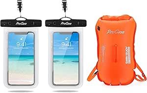 ProCase Universal Waterproof Pouch 2 Pack Clear Bundle with 35L Waterproof Swim Buoy Backpack